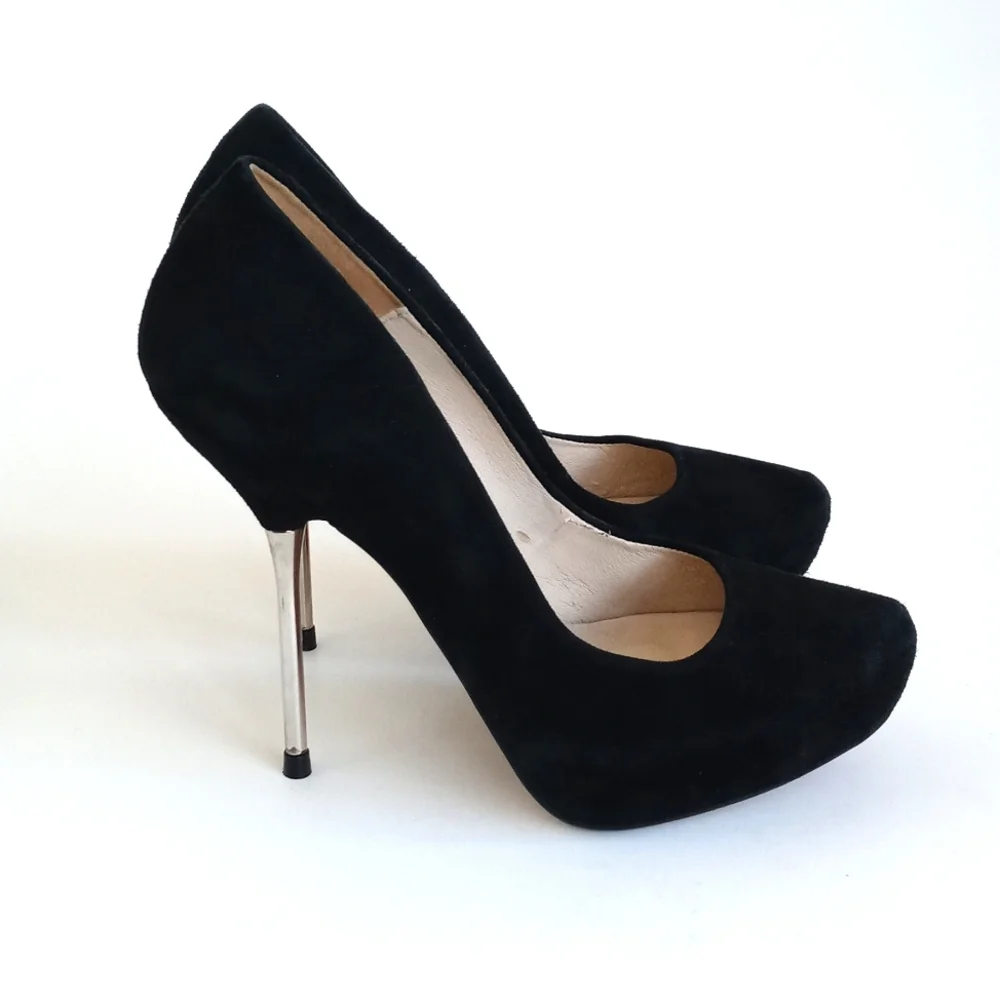 Zara Women’s Elegant Black Leather Suede Steel Chrome 5” Platform Heels 38 (7.5)
